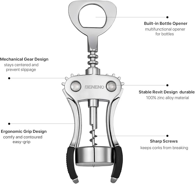 Beneno Wine Opener, Zinc Alloy Premium Wing Corkscrew with Multifunctional Bottles Opener, Sharp Wine Corkscrew with Ergonomic Non-Slip Wing Handle, Silver
