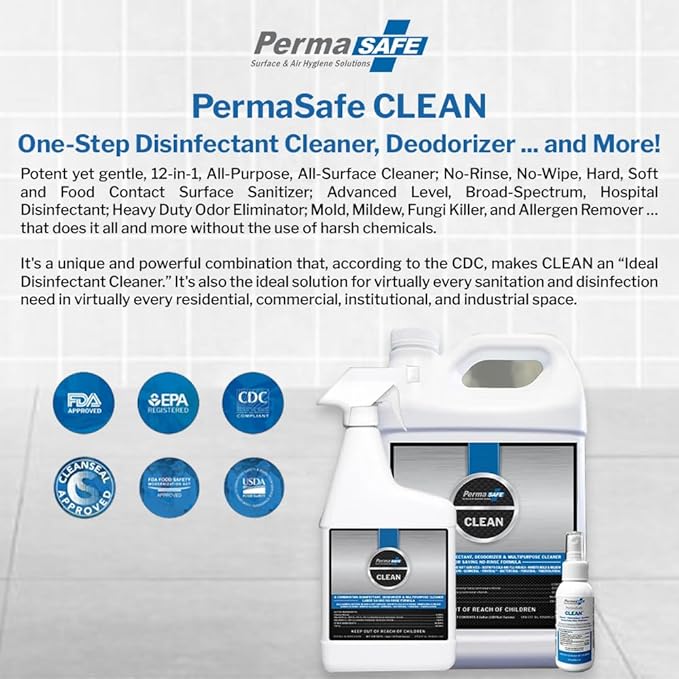 PermaSafe CLEAN, All-Purpose Hospital Disinfectant Cleaner; No Rinse, Hard, Soft & Food Contact Surface Sanitizer; Mold, Mildew and Fungi Killer; Odor Eliminator; Allergen Remover & More (32 Fl Oz)