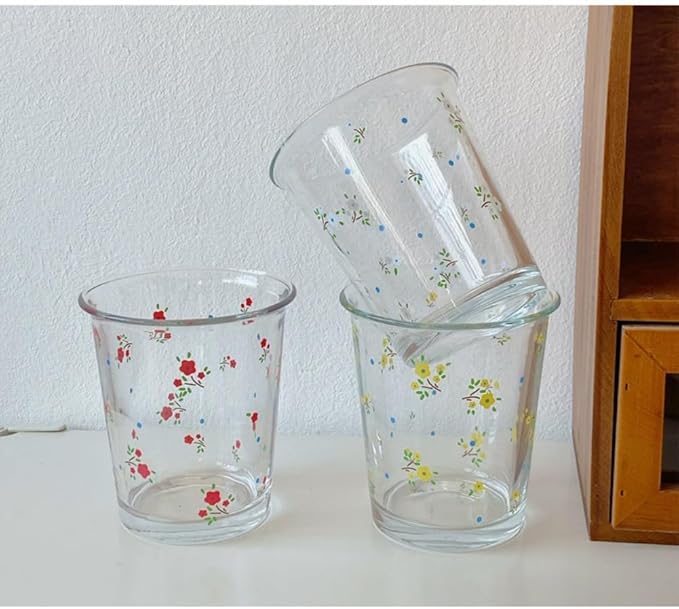 Set of 2 12 OZ Floral Drinking Glasses French Glass Coffee Cup Cute Flower Glass Cups for Iced Coffee,Tea,Juice,Latte,Milk,Dessert,Stackable Glassware Drinkware Set(red white)