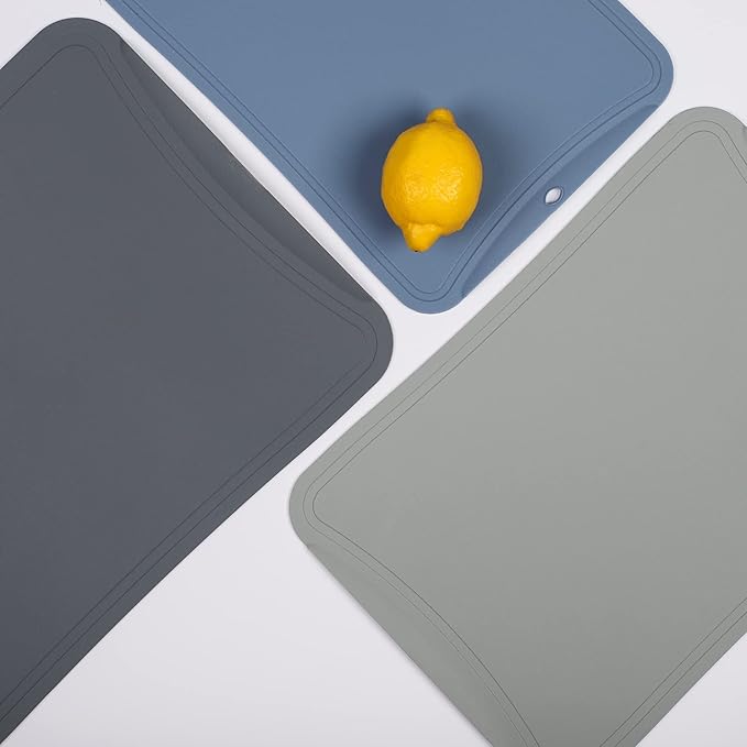 Blue Ginkgo TPU Cutting Mats [Set of 3] – Korean-Made Flexible, Knife-Friendly, Durable Kitchen Cutting Boards (Dark Gray, Gray, Blue)