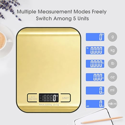 Digital Shipping Scale,Stainless Steel Panel, Accurate Portable Postal Scale for Packages, Small Business,Kitchen, Food, Handmade, Liquids, and Boutique (Mirror Gold Battery(5kg/1g))