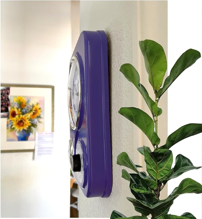 Lily's Home - 9.5 Inch x 12.5 Inch - Retro Kitchen Wall Clock, Vintage Wall Clock with a Thermometer and 60-Minute Timer, Ideal for Any Kitchen, Office, or Diner (Purple)