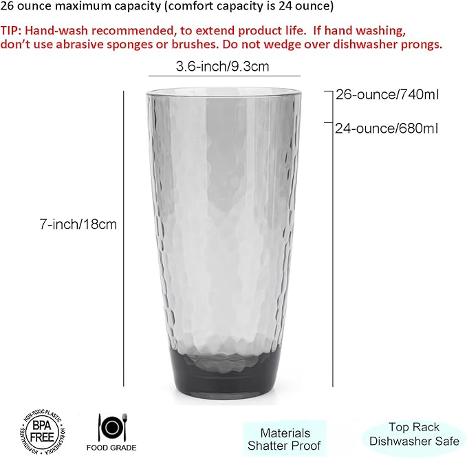 KOXIN-KARLU Hammered 15-ounce and 26-ounce Plastic Tumbler Acrylic Glasses, set of 8 Smoky Grey