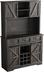 4 EVER WINNER 72" Coffee Bar Cabinet with Sliding Barn Door & Wine Racks, Hutch Cabinet with Storage and 3 Drawers, Farmhouse Coffee Bar with Wine Glass Holder for Dining Room Kitchen, Rustic Oak