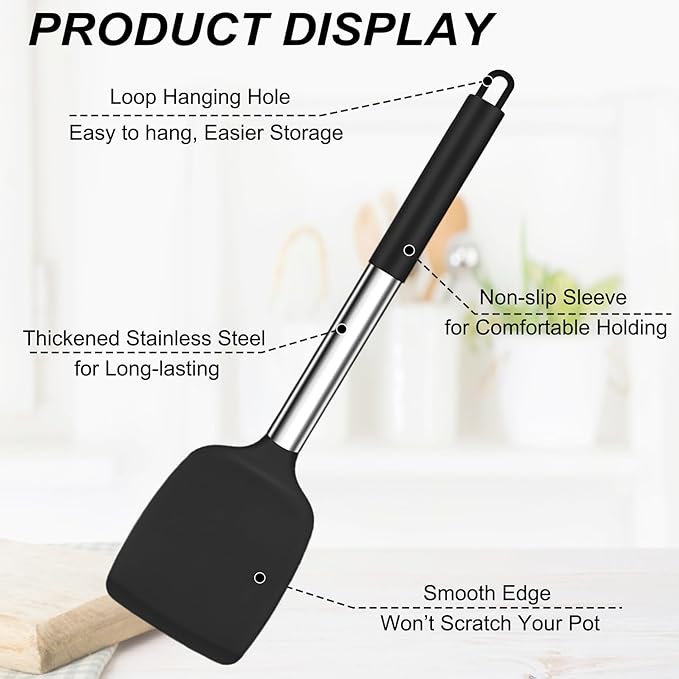 TeamFar Kitchen Utensils, 4 PCS Silicone Cooking Utensils Spatula Spoon Set with Stainless Steel Handle, for Frying Mixing Draining Turning, Healthy & Heat-proof, Non-stick & Dishwasher Safe - Black