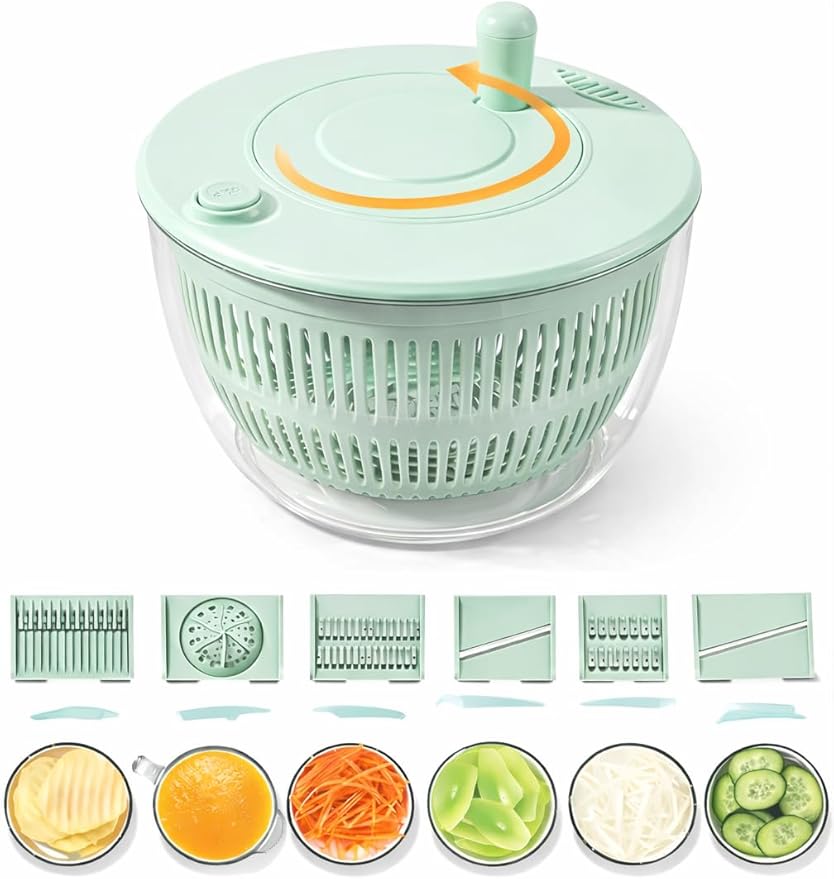 Salad Spinner 7‑Piece Multifunction Set – Lettuce Spinner, Vegetable Washer, Salad Chopper, Slicer, Shredder & Grater – Salad Bowl with Lid & All‑in‑One Kitchen Gadget for Easy Prep