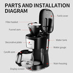 12-Cup Drip Coffee Maker with Reusable Filter,Programmable Clock,Auto Brew,Water Window,Keep Hot Plate,Glass Carafe,Compact Design for Kitchen,Office,Silver and Black,Stainless Steel
