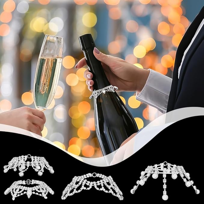 OLYCRAFT 4Pcs 4 Styles Rhinestone Wine Bottle Decoration Wine Bottle Cover Long Fringe 4.7 Inch Jewel Tassel Wines Bottles Veil Rhinestone Tassel Wines Bottles Pendant for Party Wedding Decor