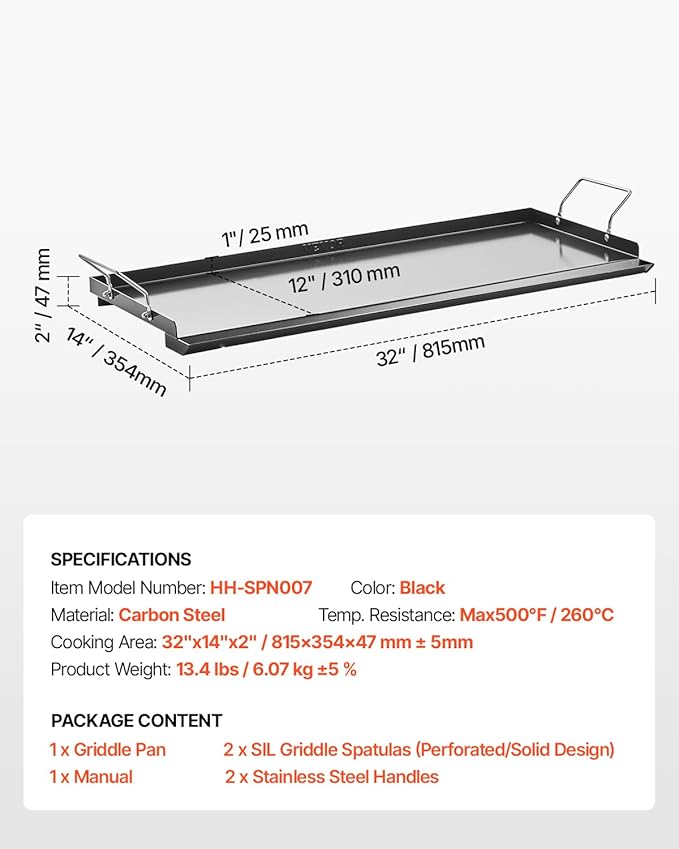 VEVOR Carbon Steel Griddle, 32x14 inch Universal Flat Top Rectangular Plate, Gas Grill Griddle for BBQ Grill, Teppanyaki, Portable Family Cookware with Handle, for Camping Tailgating Party