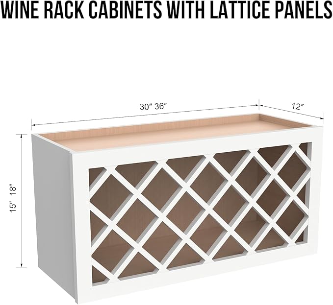 Solid Wood RTA Wine Bottle Rack Wall Cabinet with Lattice Panels - Wine Storage for Bar, Pantry, Cellar - Mocha (Origami White, 30'W 12'D 15'H)