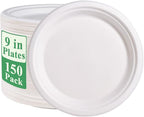 Vplus 150 Pack Paper Plates 9 inch 100% Compostable, Heavy-Duty Disposable Paper Plates Bagasse Natural Biodegradable Eco-Friendly Sugarcane（White）