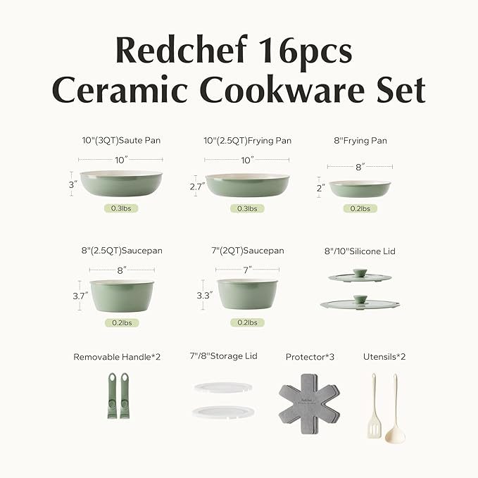 Redchef Ceramic Nonstick Pans and Pots Set, Ceramic Cookware Set with Detachable Handles16Pcs, Induction Dishwasher Oven Safe Kitchen Cooking Set, PFAS PFOA & PTFE Free, Green