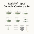Redchef Ceramic Nonstick Pans and Pots Set, Ceramic Cookware Set with Detachable Handles16Pcs, Induction Dishwasher Oven Safe Kitchen Cooking Set, PFAS PFOA & PTFE Free, Green