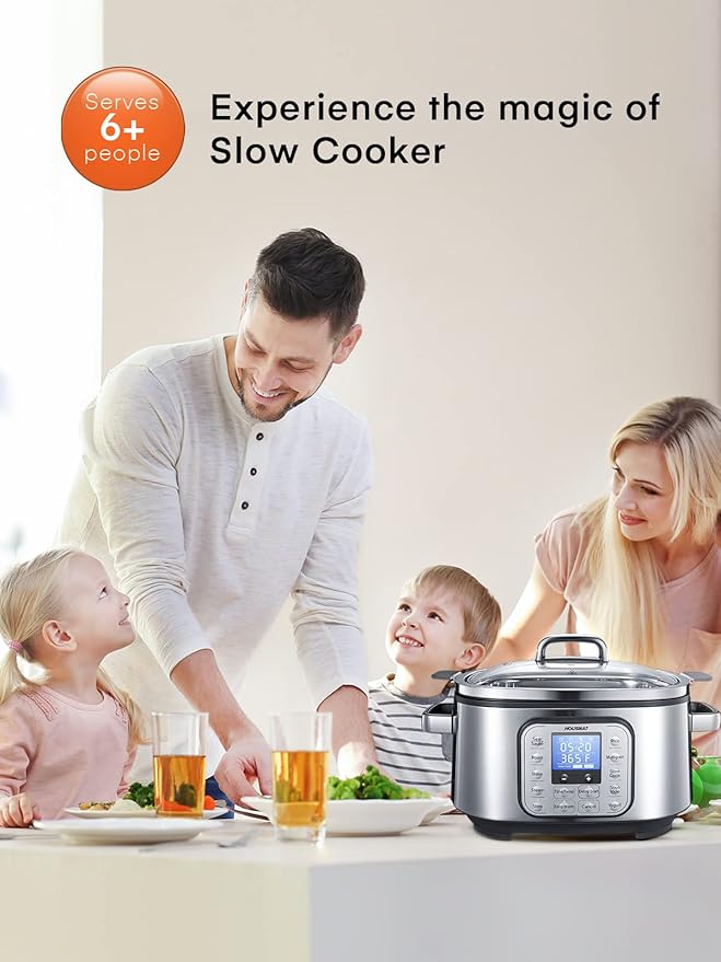HOUSNAT Slow Cooker, 10 in 1 Programmable Cooker, 304 Stainless Steel Rice Cookers 6QT, Yogurt Maker, Delay Start, Adjustable Temp& Digital Time for Large Families or Entertaining