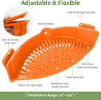 YEVIOR Clip on Strainer for Pots Pan Pasta,Silicone Food Strainer Hands-Free Pan Strainer, Clip-on Kitchen Food Strainer for Spaghetti, Pasta, Ground Beef Fits All Bowls and Pots (Orange)