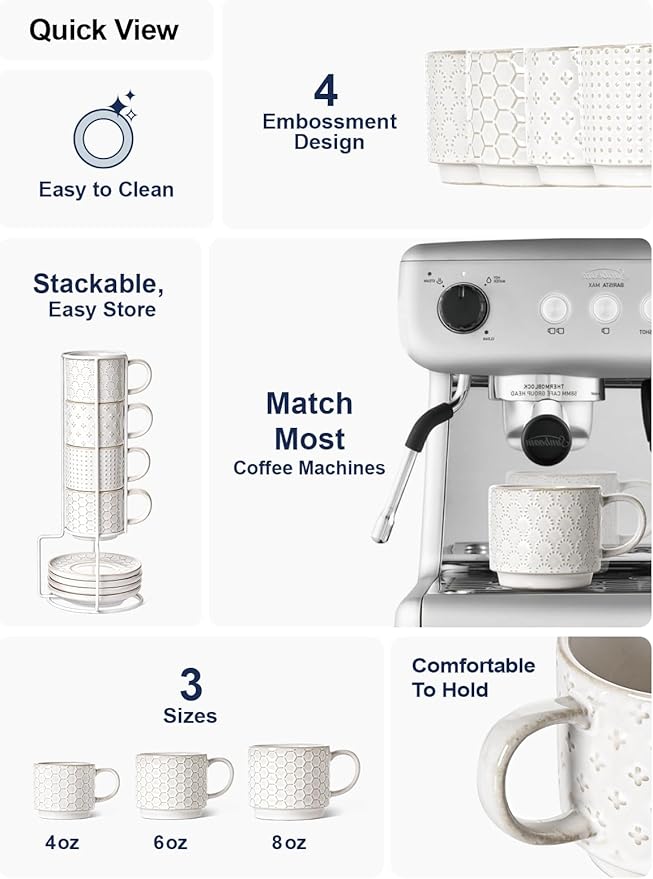 LE TAUCI Stackable Espresso Cups 4 oz with Saucers and Stand, Ceramic Embossment Coffee Cup for Double shot, Lungo, Ristretto, Dishwasher Oven Safe - Set of 4, Arctic white