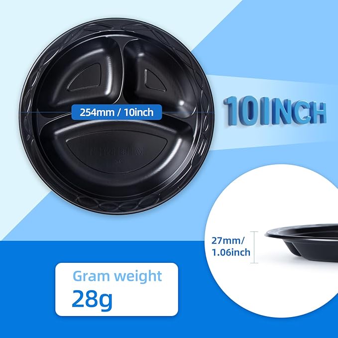 YANGRUI Disposable Plates 10" 150 Pack - Shrink Wrap BPA Free Mineral Filled PP Reusable Microwave Safe | Calcium Carbonate Reinforced Freezer Ready | Commercial Black 3 Compartment Plastic Plate