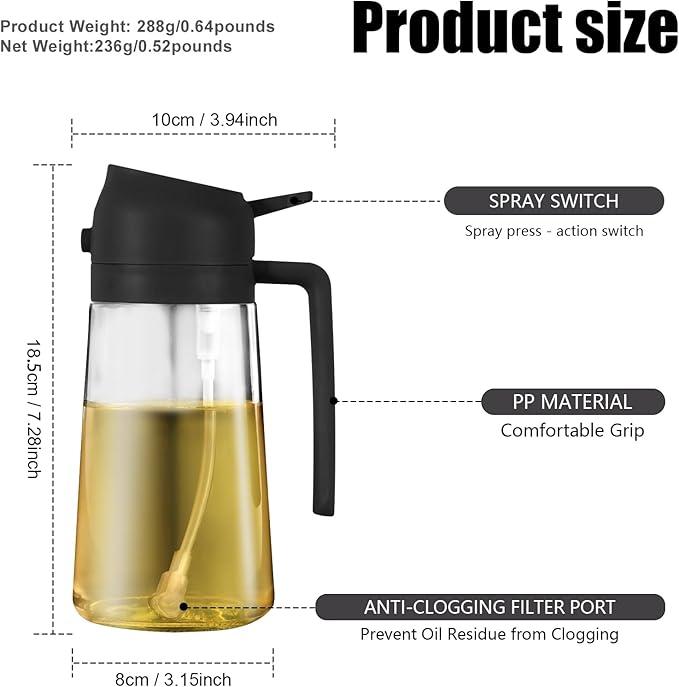 mqnxoi 2 in 1 Glass Oil Sprayer & Dispenser,16oz/470ml Olive Cooking, Air Fryer, and Salad, for Kitchen Gadgets and Air Fryer Accessories, w/Stickers (Black + White Bottle 2)