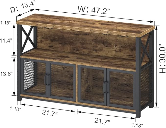 LVB Industrial Coffee Bar Cabinet, Farmhouse Wine Bar Cabinet for Liquor and Glasses, Metal Wood Sideboard Buffet Liquor Cabinet and Wine Rack with Storage for Home Dining Kitchen, Rustic Brown, 47 In