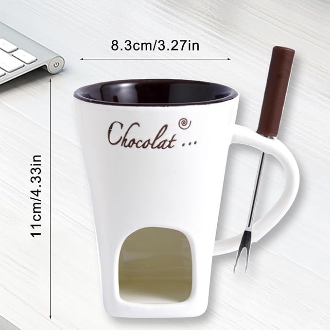 Chocolate Fondue Mug with Fork, Chocolate Fondue Cup, Personal Chocolate Melting Cup for Cheese, Ceramic Chocolate Melting Cup, Chocolate Melting Mug For Date Night Birthday Wedding Gifts (Black)