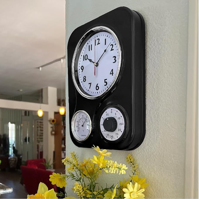 Lily's Home - 9.5 Inch x 12.5 Inch - Retro Kitchen Wall Clock, Vintage Wall Clock with a Thermometer and 60-Minute Timer, Ideal for Any Kitchen, Office, or Diner (Black)