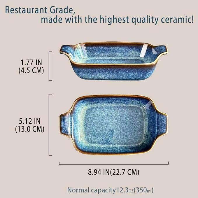 Ceramics Au Gratin baking Dishes Set of 2, Baking Tray Bake ware, 12.3 oz Ramekins, for Pie Pan, Appetizer, Tart, Dessert, Quiche, Oven Small dish, individual dishes, Rectangular 9 Inch