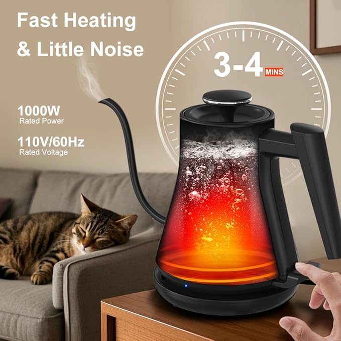 Gooseneck Electric Kettle 0.8L - Matte Black Tea Kettle with Auto Shut Off, Boil-Dry Protection & BPA-Free, Precision Electric Water Kettle for Pour Over Coffee