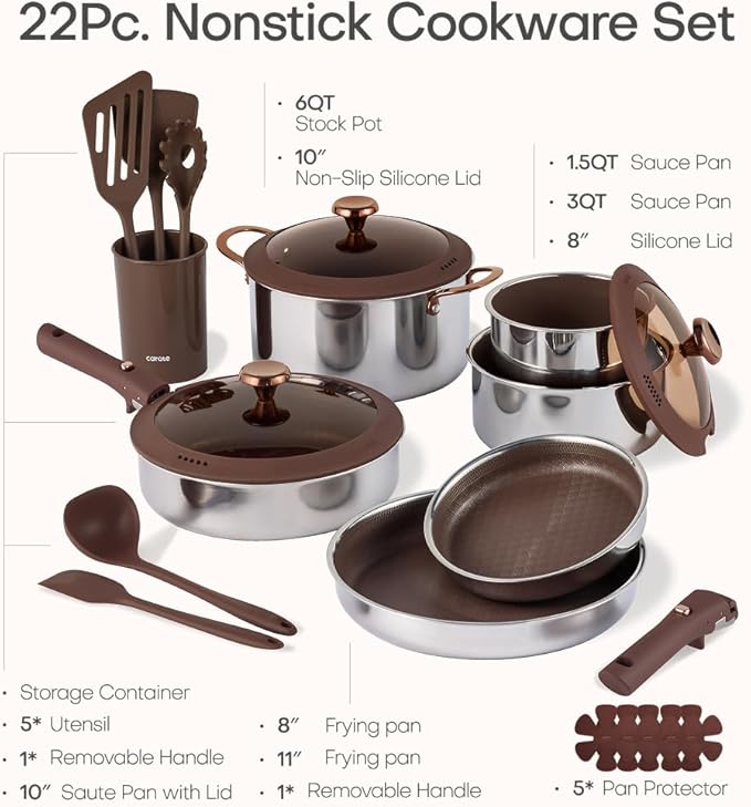 CAROTE 22PCS Stainless Steel Cookware Set with Detachable Handle, Ceramic Hybrid Nonstick Pots and Pans Set, Titanium Cookware, Stackable Kitchen Cookware Set, Induction Safe, Oven Safe, Brown