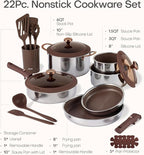 CAROTE 22PCS Stainless Steel Cookware Set with Detachable Handle, Ceramic Hybrid Nonstick Pots and Pans Set, Titanium Cookware, Stackable Kitchen Cookware Set, Induction Safe, Oven Safe, Brown