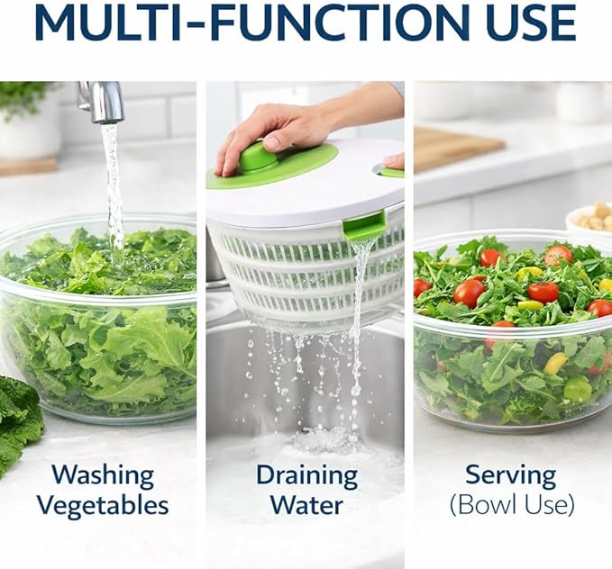 SKYREN 4 Qt Salad Spinner, Vegetable Washer & Dryer with Easy Spin Handle, Non-Slip Base, Large Capacity Kitchen Prep Tool, Green Glaze, 6.54 Inch Height