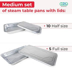 IDL Packaging Aluminum Foil Pans with Lids, Medium - 15 pc Chafing Dish Set - 5 Full Size and 10 Half Size Steam Table Pans + Lids - Disposable Cookware for Catering, Buffet, Party, BBQ