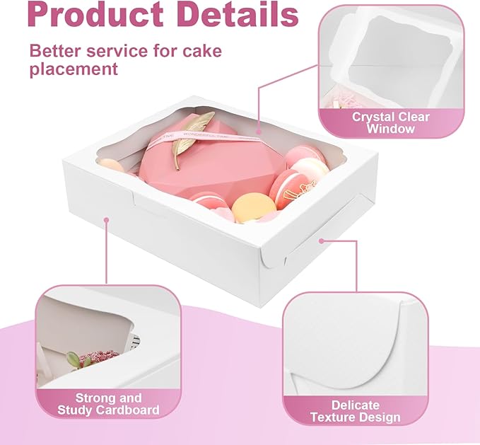 12pcs10x8x2.5 Inch White Bakery Boxes Treat Boxes with Window for Pastry, Cookie, Desserts, Chocolate Strawberries, Pies, Donuts, Muffins,Cupcake