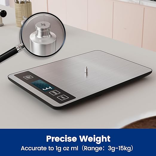 【33 lb & USB Rechargeable】 Digital Kitchen Food Scale Kitchen Scale, Stainless Steel Digital Weight Grams and Oz, Baking and Cooking, 0.1oz/1g Precise, 6 Weight Units (B1)