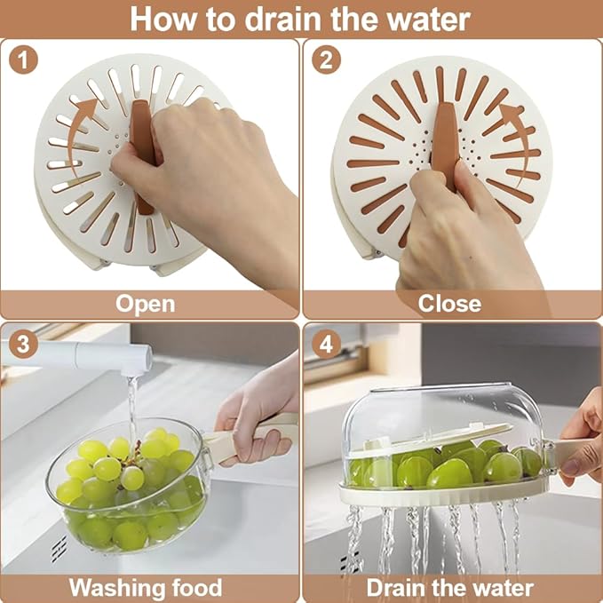 Multifunctional Fruit Washing Bowl,2 in 1 Drainer and Strainer,Foldable Handle Drain Basket with Lid,Kitchen Colanders & Food Strainers, Suitable for Washing Fruits and Vegetables