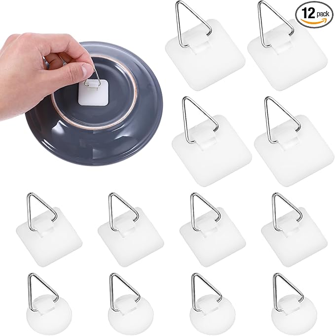 Grevosea 12 Pcs Wall Plate Hangers, Adhesive Picture Hangers Frame Hangers Without Nails Picture Hanging Hooks Plate Holders for Displaying Decorative Plates and Wall Art (Round, Square)