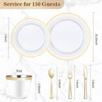 BESTVIP 900PCS Gold Dinnerware Set for 150 Guests, Plastic Plates for Party, 150 Gold Disposable Plates, 150 Dessert Plates, 150 Cups, 150 Spoons, 150 Forks and 150 Knives