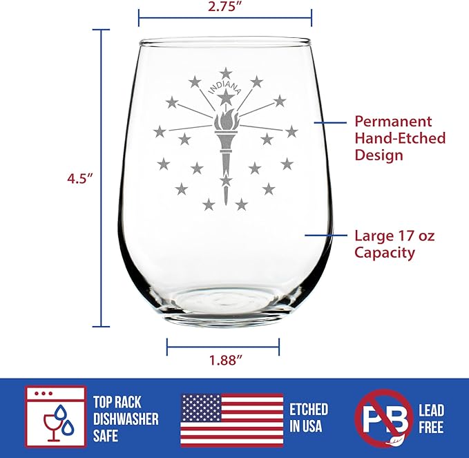 Custom Indiana Flag Personalized Stemless Wine Glass - State Themed Drinking Decor and Gifts for Indianan Women & Men - Large 17 Oz Glasses - Customized Wine Glass Gift