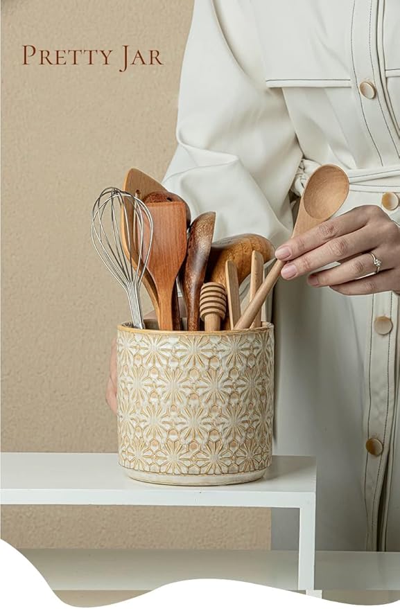 Kitchen Utensil Crock, 5.2" Ceramic Holder for Countertop, Handceafted Farmhouse Utensil Vase For Kitchen Decor Accessories, Housewarming