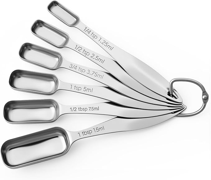 FANGSUN Stainless Steel Narrow Measuring Spoons, Metal Measuring Spoons with Long Handle and Engraved Measurements Set of 6, For Dry or Liquid, Fits in Spice Jar
