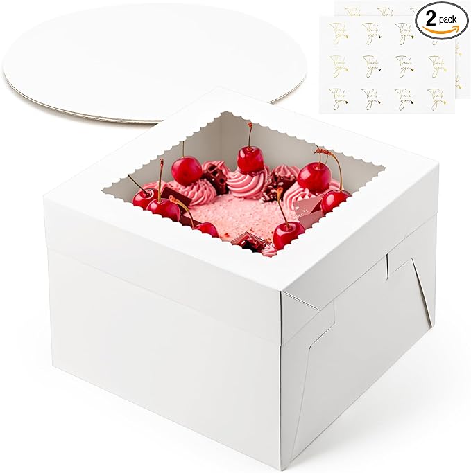 2 Pack Cake Boxes, 10 x 10 x 8 Inches Tall Bakery Box with Window and Cake Boards, Disposable Cake Containers for Wedding, Birthday, Party