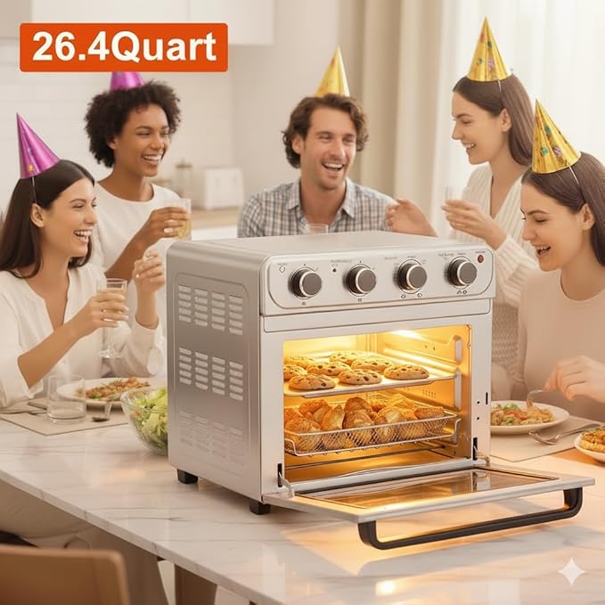 Simple Deluxe 26.4QT XL Air Fryer Toaster Oven Combo, 4-in-1 Countertop Convection Oven with Double Fan Technology, Includes Baking Pan & Fry Basket, Stainless Steel