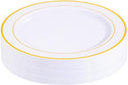 bUCLA 30PCS White and Gold Plastic Dinner Plates Disposable - 10.25inch Premium White Gold Rim Plates, Ideal for Wedding, Party & Thanksgiving
