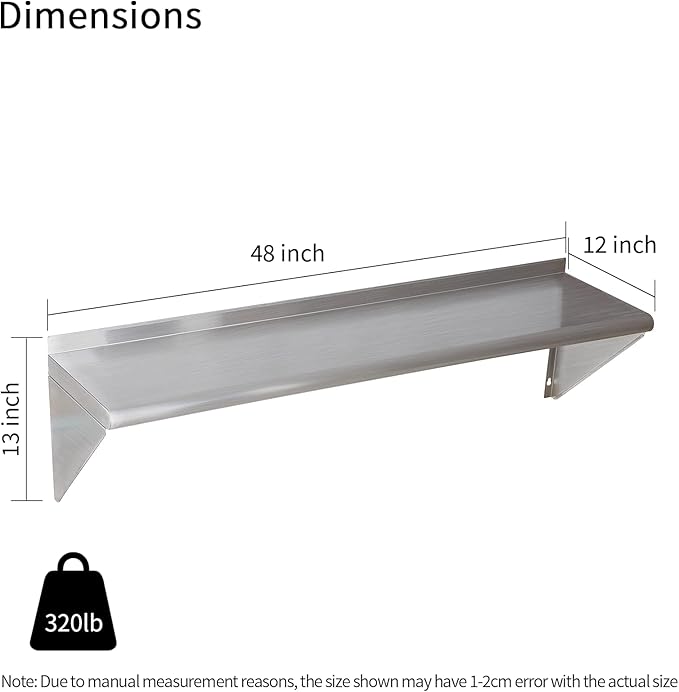 2 Pack Stainless Steel Shelf 12"x48" 320LB, Commercial Wall Mounted Metal Shelving for Home Kitchen, Restaurant