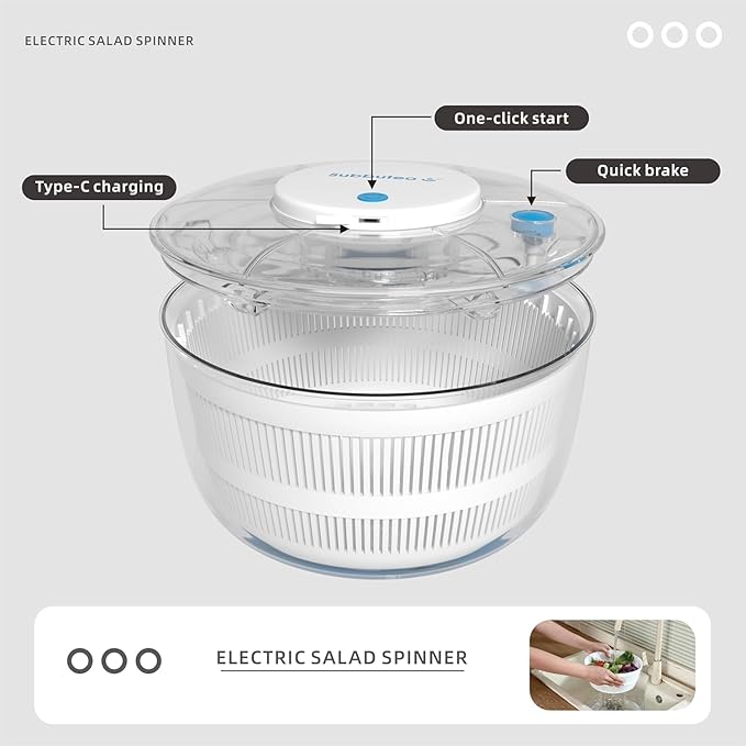 Subbuteo Electric Salad Spinner 4Qt – Rechargeable Lettuce Washer & Vegetable Dryer with 2+ Month Battery Life, Type-C, Detachable Parts, Spin Dry Kitchen Gadget for Greens Herbs Berries