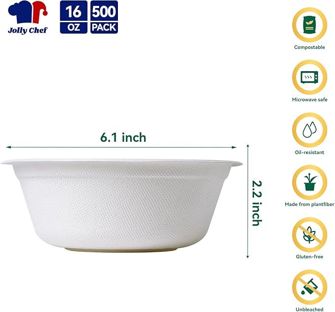 JOLLY CHEF Compostable Disposable Paper Bowl [16 oz] Heavy Duty Soup Containers [500 Pack] Biodegradable Bagasse Hot Cold Food Eco-Friendly Sugarcane Microwavable Bowls for Salad Milk Dinner Christmas