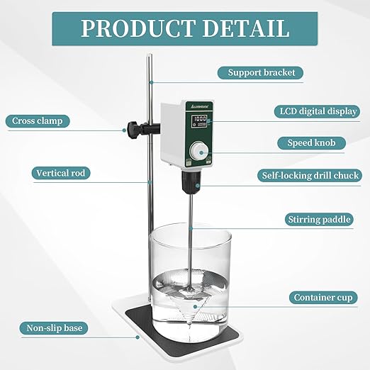 OS-15S Digital Overhead Stirrer 20L(H₂O) Lab Stirrer Flat-Base Stainless Steel Stand & 2 Stirring Paddles | 100-1500RPM,20000 mPas,Timing 1min-24h