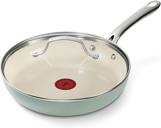 T-Fal Inspire Ceramic Frying Pans Nonstick 10.5 Inch Skillet with Lid, Oven Safe to 500°F, Cookware Stainless Steel Handle, Mint Green