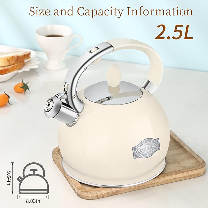 RETTBERG Tea Kettle for Stovetop Induction Whistling Tea Kettles 2.64 Quart Retro Food Grade Stainless Steel Teapots with Cool Touch Handle White