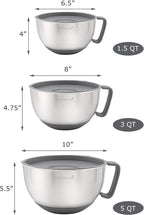 Rorence Mixing Bowls Set: Stainless Steel Non-Slip Bowls with Pour Spout, Handle and Lid - Set of 3 - Gray