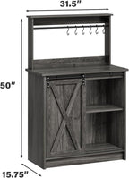 4ever2buy Farmhouse Coffee Bar with Hutch, 31 Inch Buffet Cabinet with Sliding Barn Door, Storage Bar Cabinet with 6 Hooks, Coffee Bar Table with Adjustable Shelves for Living Dining Room, Grey